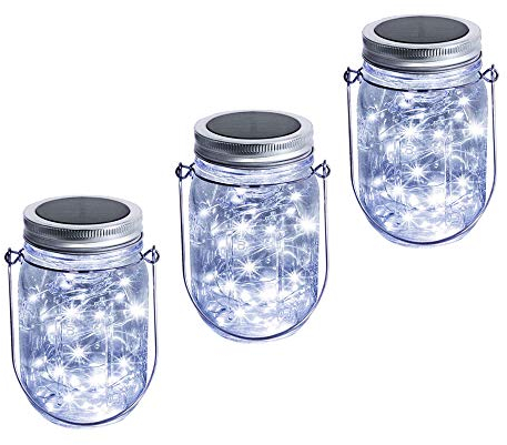 Solar Mason Jar Lantern Light, 3 Pack 20 Led String Starry Hanging Lamp, Fairy Firefly Lights Kit for Patio Garden Wedding Table Decor with Mason Jar & Hanger