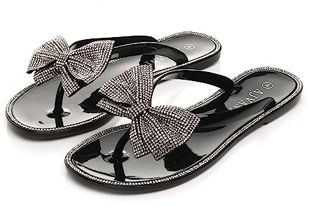 AJVANI Womens ladies flat jelly diamante bow summer flip flops toe post sandals size