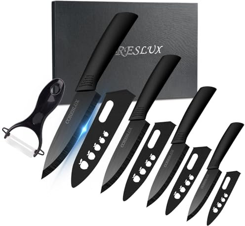 CORESLUX Ceramic Knife Set, Kitchen Chef Knife Set, Bread Knife Super Sharp Five Piece 6Chef Knife, 5Utility Knife, 4Fruit Knife, 3Paring Knife, 1''Peeler, Rust Proof And Stain Resistant (Black)