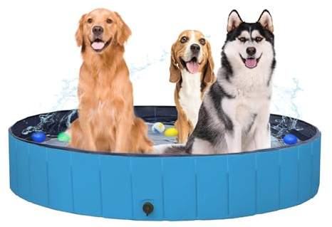 Favuit Bañera Plegable para Perros y Mascotas, Antideslizante, portátil, para Piscina, Perros, Gatos, para Interiores y Exteriores, con Forro Protector de Salida de Agua (160 cm x 30 cm), Azul