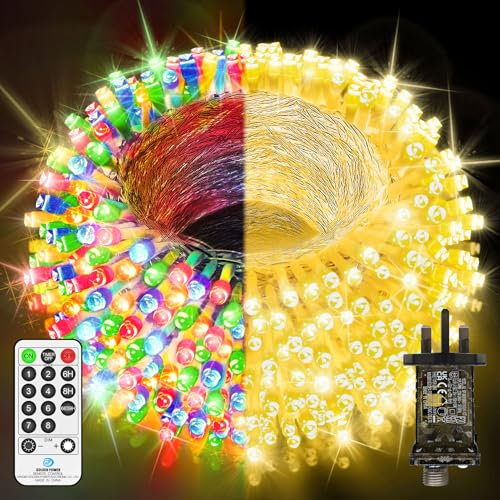 JXLEDAYY 338 FT 720 LED String Lights Outdoor Colour Changing Fairy Lights Plug in Christmas Lights with Remote Timer 11 Modes for Xmas Tree Yard Garden House Party Decoration Warm White to Coloured