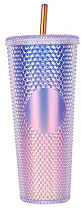 Nieten Becher mit Deckel und Edelstahl Strohhalm, Wiederverwendbar Doppelwandiger Plastik Trinkbecher für Eiskaffee oder Wasser to Go Reisebecher 710ml - Polarlicht