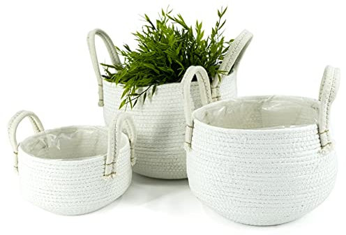 MACOSA NO38367 Pflanzkorb 3er Set Weiß Baumwolle mit Griffen rund Deko-Korb Pflanzgefäß Übertopf Flechtkorb Blumentopf Aufbewahrungskorb Pflanzkübel
