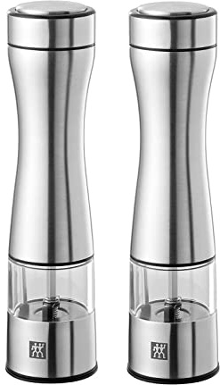 Zwilling Table - Macina sale e pepe elettrico, set da 2 pezzi, con coperchio, macinaspezie in acciaio inox spazzolato, macinasale elettrico in ceramica