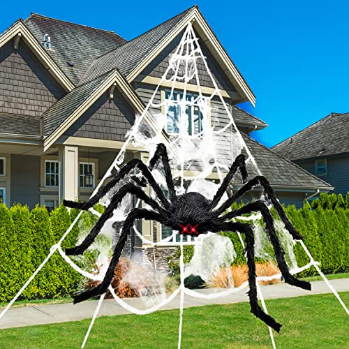 Kimimara Spinnennetz Dekorationen für Halloween - Riesiges dreieckiges Stretch Spinnennetz mit gefälschter großer Spinne Set für Innen und Außenhofdekorationen Spukhaus Partyzubehör Dekoration