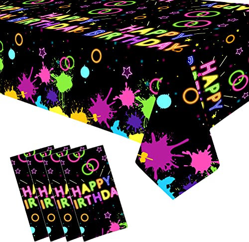 4 Pack leuchtenden Neon Party Tischdecken liefert - alles Gute zum Geburtstag Neon-Thema Kunststoff Einweg-Tischdecke für Glühen in der dunklen Party BlackLight Party Dekorationen, 130 x 220 CM