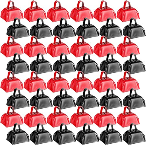 48 Stück Metall-Kuhglocken mit Griffen, Kuhglocken, Geräuschmacher, kleine Kuhglocken, Hochzeitsglocken, bunte Hand-Percussion, Kuhglocken für Sport, Fußballveranstaltungen, Cheering, 7.1x6.3 cm