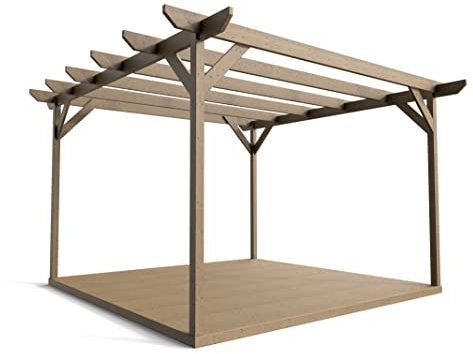 Wooden pergola and decking complete DIY kit (3m x 3m Chamfered gazebo design, Rustis brown finish)