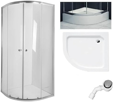 BADLAND Duschset Duschkabine & Duschwanne 90x90 180cm Halbrund Vitoria Transparentes Glas 4mm und Duschtasse Weiß Alex mit Ablaufgarnitur Ø 50 mm