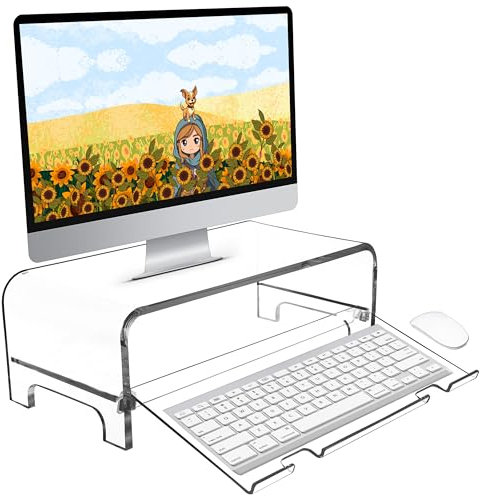 AMT Support de moniteur d'ordinateur portable en acrylique avec protection de clavier chat, design peu encombrant, rangement supplémentaire, étagère transparente – Idéal pour les moniteurs,