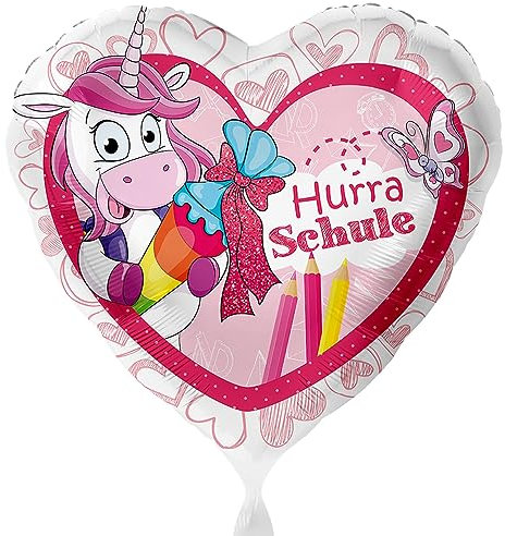 Folienballon Schulanfang Hurra Schule Einhorn Schultüte Herz Luftballon zum Schulbeginn Geschenk Schulkind Mädchen Einschulung, Made in EU