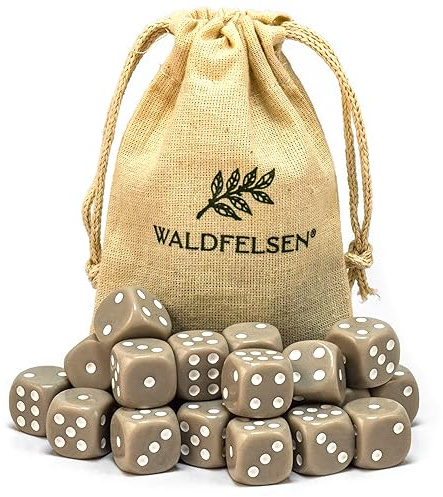 Waldfelsen 6, 12, 20, 30 oder 50 hochqualitative Würfel Standardgröße 16 mm Acrylwürfel Knobel Spielwürfel Dice 6-seitig sechsseitig Spielzubehör Set mit Stoffbeutel (Grau, 20 Stück)
