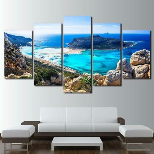 Tableau Multi Panneau 5 Parties Decoration Murale Tableau Imprimé sur Toile 5 Pieces Toile Tableau Tableaux Decor Murale Salon Moderne XXL Chambre Decor Paysage D'île De Mer Océan Bleu 200x100cm