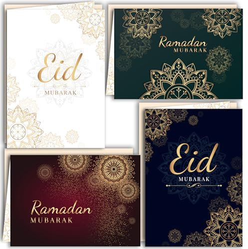 12 Ramadan Eid Mubarak Grußkarten Klappkarten mit Umschlag Danksagungskarten Eiladungskarten Zuckerfest Feier Mond Laterne weiß gold