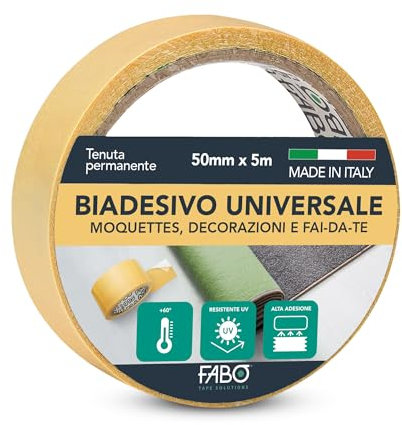 Fabo Nastro Biadesivo Universale Resistente 5 metri x 50 mm per Moquette, Tappeti, Decorazioni, Bricolage. Facile da installare e da togliere. Made in Italy