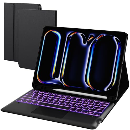 ROOFEI Étui de protection pour iPad Pro 13 (M4) 2024 avec clavier, éclairage 7 couleurs, trackpad amovible, clavier QWERTZ éclairé avec porte-stylo pour iPad Pro 13 (M4, 2024)