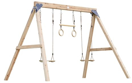 AXI Maya Doppelschaukel & Trapez in Braun aus FSC Holz | Schaukel mit Gestell für 2 oder 3 Kinder | Kinderschaukel/Schaukelgestell für den Garten