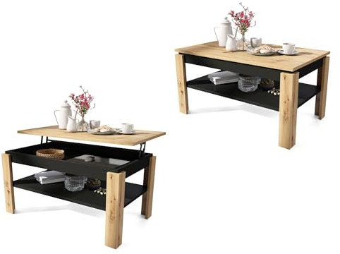 All4All Couchtisch Asti-P - Wohnzimmertisch - Kaffeetisch – kompakte Größe – Couchtisch mit Stauraum - Sofatisch mit Ablage – platzsparend – höhenverstellbar - 100x60cm - Artisan Eche + Schwarz 05