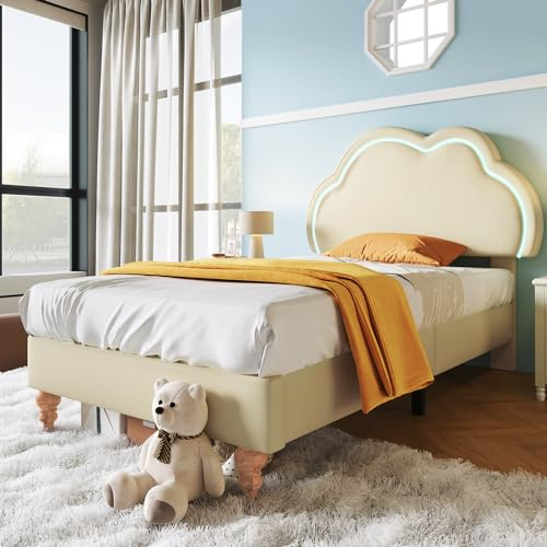 Merax Kinderbett Polsterbett 90x200cm, LED Einzelbett Bettgestell mit Lattenrost & Verstellbares Kopfteil, Wolke Kopfbrett, süßes Jugendbett Mädchenbett, stabil Bettrahmen, PU, ohne Matratze, Creme
