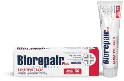 BIOREPAIR Plus Sensitive Teeth- Fluoride Free Hydroxyapatite Toothpaste, Reduces Dentin Sensitivity & Pain, Sensitive Toothpaste Adults & Kids, Prevents Enamel Erotion, Oral Care, 75ml, Made in Italy