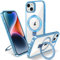 Flyzoo Magnetic Kickstand Case for iPhone 14 Plus, [Compatible with MagSafe & Invisible Ring Stand Holder] [Non-Yellowing & Shockproof] Clear Transparent Hard Silicone Edge Cover, 6.7'', Clear Blue