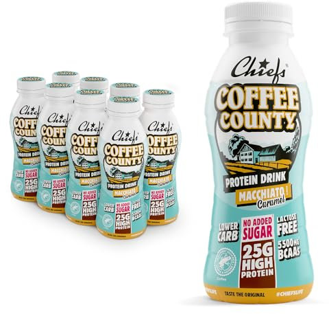 Boisson protéinée - Chiefs Milkshake Macchiato - Sans sucre ajouté et sans lactose - Riche en protéines avec 25 g de protéine - Bouteilles de 8 x 330 ml - Délicieux goût crémeux