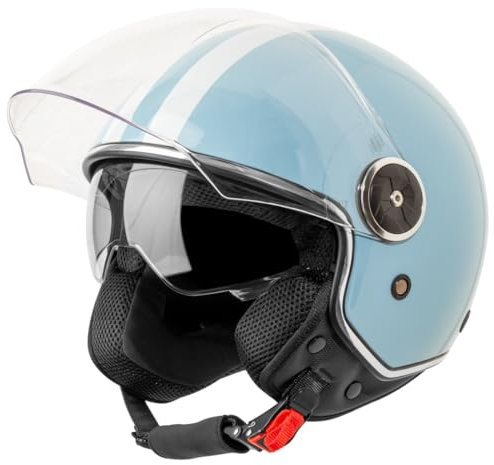 VINZ Arenas Casco Jet Doppia Visiera VIntage | Casco Scooter / Moto con Striscia | Donna E Uomo | Certificato ECE 22.06 | nelle taglie dalla XS-XXL - Celeste
