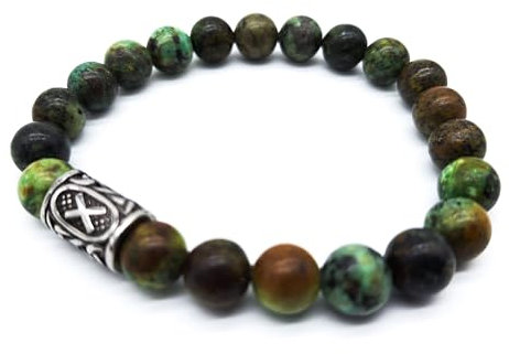 Wikinger Futhark Rune Edelstein Armband (18/21 cm, Damen/Herren) in Geschenkbox | Schutz Glück Energie (21, Rune GEBO Afrika Türkis | Freund Geschenk Opfer)