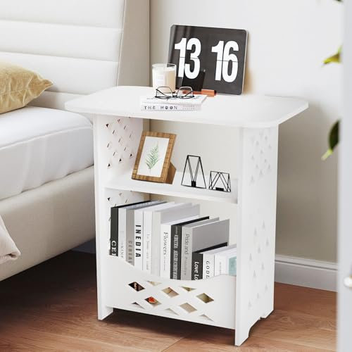 YARUKIMA Small White Bedside Table, Nightstand for Bedroom, Sofa Side Desk with Storage Shelf, Living Room Mini Square Table,Slim Coffee EndTable for Small Spaces, Living Room, Balcony & Bathroom
