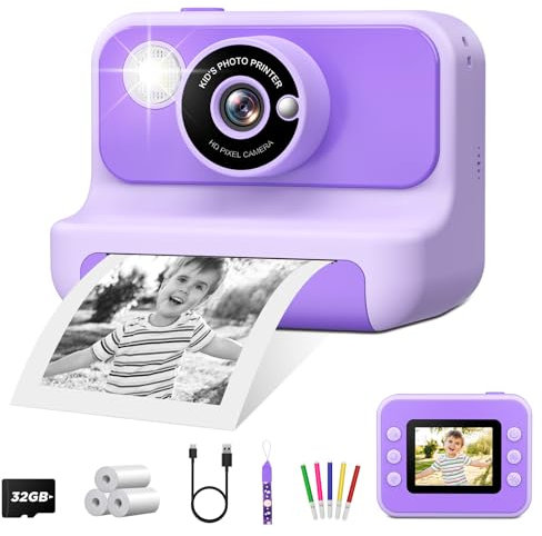 LETSHAHA Cámara Instantánea para Niños 1080P 20MP 10X con Papel de Impresión 3D Negro y Tarjeta 32GB - Regalo para 3 a 12 Años