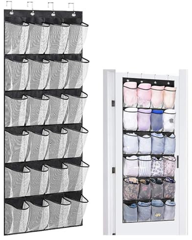 CECOMBINE Hanging Shoe Storage, 24 Large Mesh Pockets Shoe with 4 Reversible Heavy Duty Metal Over Door Hooks, Over the Door Shoe Storage Organiser, Wall Mounted Storage Bag (Black)