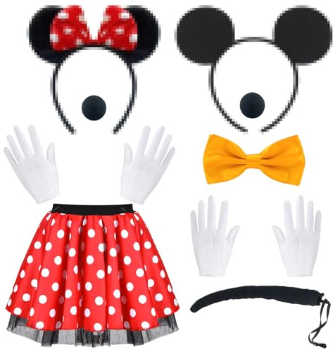 BITOWO Mouse Kostüm Damen Erwachsene mit Mini Mouse Ohren Haarreif Rock Rot Nase Handschuhe Schwanz Schleife Mini Mouse Kostüm Damen Frauen Mini Maus Kostüm Damen Erwachsene Fasching