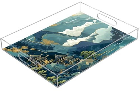 Pabellones y montañas y ríos, bandeja transparente con asas, bandeja acrílica rectangular de 12 x 16 pulgadas, bandeja de acrílico transparente impermeable