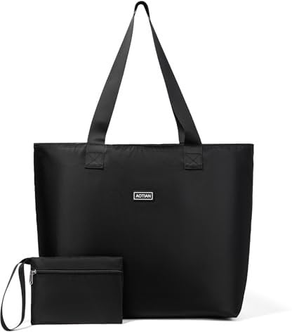 AOTIAN Große Faltbare Shopper Einkaufstasche für Damen Tragetasche mit Reißverschluss wiederverwendbar Handtasche Weiblich Umhängebeutel Schultertasche Strandtasche für Mädchen, Schwarz