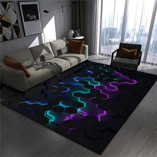 3D Vision Neon Geometric Gaming Rug for Boys Bedroom Modern Patterns Carpet for Living Room Kid Game Room Floor Mat Teen Childrens Washable Colour 160x90cm