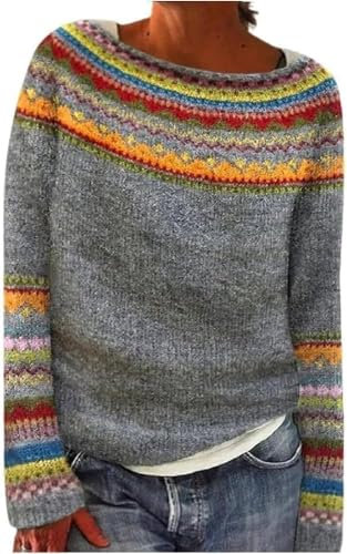 JIALING Norweger Pullover Damen Kaschmir, Winterpullover Elegant Bunt Cashmere Strickpullover Wollpullover Rundhals, Warmes Herbst-Winter Outfit in Großen Größen (B,2XL)