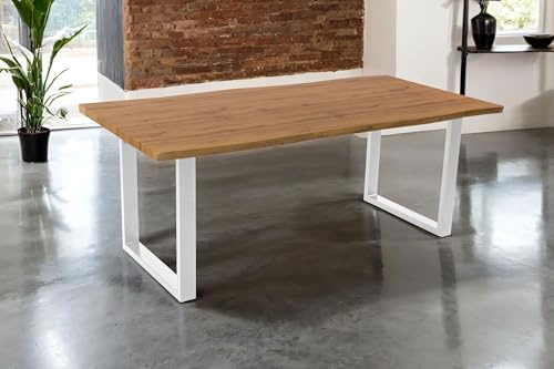 SAM Esstisch Josy | 200 x 100 cm | Holz Wildeiche-Optik | U-Gestell Metall Weiß | 40 mm Tischplatte mit Baumkante | Tisch für Esszimmer & Küche