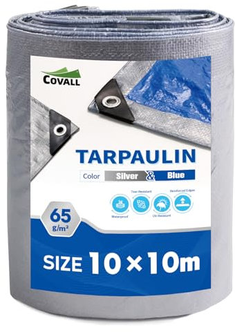 Covall Tarpaulin Lightweight Tarp Groundsheet Sheet Cover 10x10m Waterproof 65g/m² Silver&Blue tarpaulin with eyelets Weatherproof Windproof UV-Resistant for Car Truck Rv House Tent Boat Pool