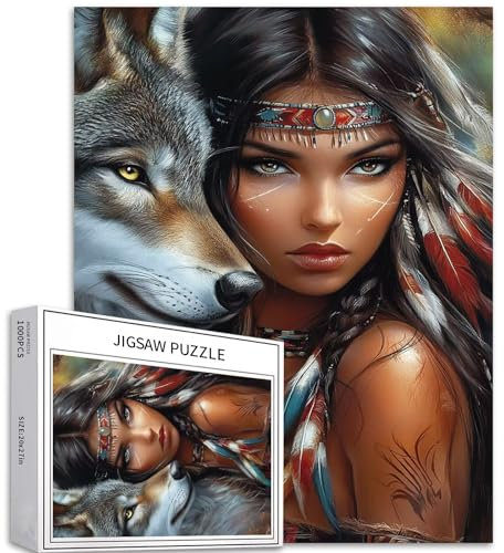 1000 Teile Indianer-Mädchen und Wolf-Puzzles für Erwachsene, bunte DIY-Puzzles für Heimdekoration, Geschenke, Familienpuzzle, perfekt für Spieleabende, 68 x 50 cm