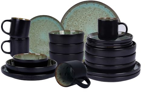 HomeVss 20-Piece Dinnerware Set - Serves 4, Reactive Glaze Bubble Green Plates & Bowls Set | Microwave & Dishwasher Safe Dishes Set