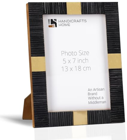 Handicrafts Home Black 5x7 Picture Frame, Handcrafted Resin & Brass Decorative Photo Frame for Tabletop or Wall Display, Modern Vintage Luxury Home Decor for Living Room, Office & Gallery Wall