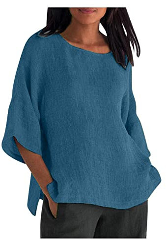 KOG Damen T-Shirt Vintage Leinenbluse Shirts Retro Kurzarm T-Shirts Frau Hemd Casual Leinenhemd Bluse Teenager Rundhals Elegant Bekleidung Marine 5XL