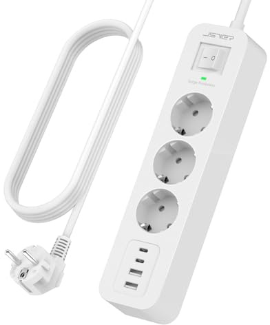 JSVER Steckdosenleiste Überspannungsschutz, 4M Kabel Mehrfachsteckdose 3 Fach mit 2 Typ C und 2 USB A Ladeanschlüsse, mit Schalte, Wandmontage, für Smartphones, Laptop, iPAD-Weiß