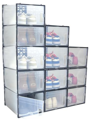 Afeeler Shoe Storage Box, 12 Pcs Clear Shoe Organizer, Stackable Shoe Container with Lids for Women/Men 36 x 25 x19.5 cm