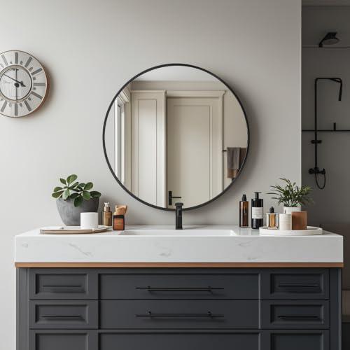Schwarzer Runder Badezimmerspiegel 40cm mit gebürstetem Metallrahmen | HD-Glas Wandspiegel für Make-up, Bad, Wohnzimmer, Flur & Eingangsbereich