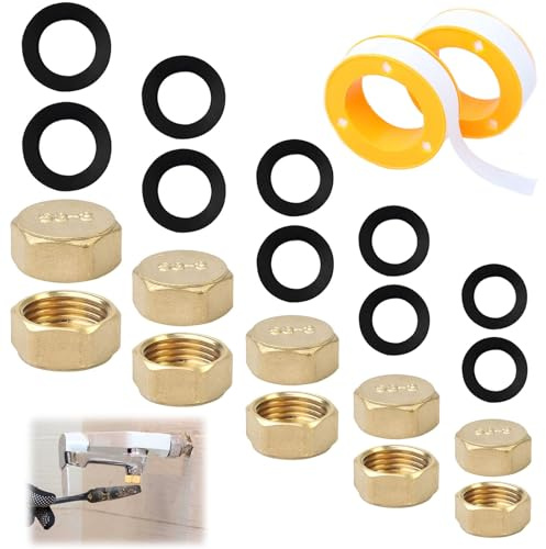 10 PCS Radiator Valve Caps, Brass Radiator Caps, 1/8, 1/4, 3/8, 1/2, 3/4 inch Female Stop Cap with Plumber's tape 10 Rubber Gaskets for Washing Machine Radiator Valve Faucets Tap