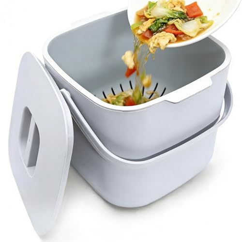 Xtrillogen 4L Kitchen Food Waste Bin,Countertop Small Compost Bin with Lid,Handle and Built in Strainer,Small Space Saving Design,Indoor Food Waste Caddy for Kitchen,Living Room,Bedroom(Gray)