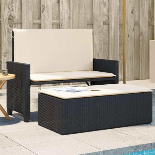 Bucmath Gartenbank mit Kissen und Hocker Schwarz, Poly Rattan, 2-in-1 Schlafsofa, UV-beständig, wetterfest, für Terrasse, Balkon, Gartenmöbel