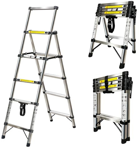 1.4+1.7m Escalera Plegable de Acero Inoxidable,Escalera 4+5 peldaños,Escalera TelescóPica Estructura en Forma de A,Escalera Extensible Bloqueo de Seguridad Carga máxima de 150 kg