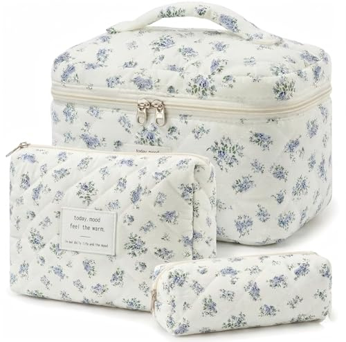 3er Set Kosmetiktasche, kulturtasche Damen mit Blumenmuster, Gesteppte kulturbeutel Make Up Tasche Reise, Tragbare Schminktasche Makeup Bag für Mädchen Frauen, Organizer Waschtasche